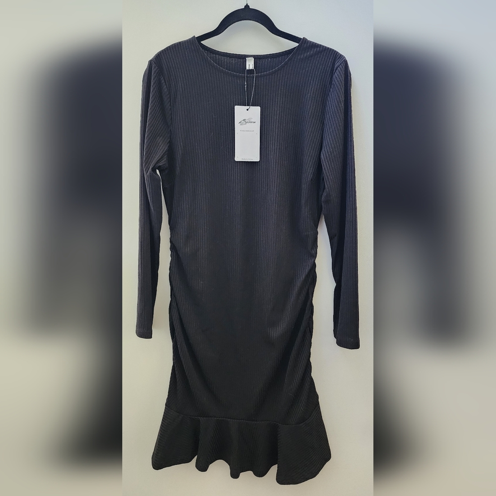Byinns NWT Women's Knit Ribbed Mini Dress Ruched Long Sleeve Black XXL‎